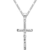 Jemant Crucifix Cross Necklace For Men Women Stainless Steel Silver 18k Gold Plated 3mm 20inch Figaro Chain Trendy Jesus Cross Pendant Necklace Baptism Christian Easter Prayer Jewelry Gift