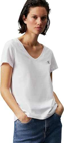 Calvin Klein Women Short-Sleeve T-Shirt Ck Embroidery V-Neck, White (Bright White), XXS