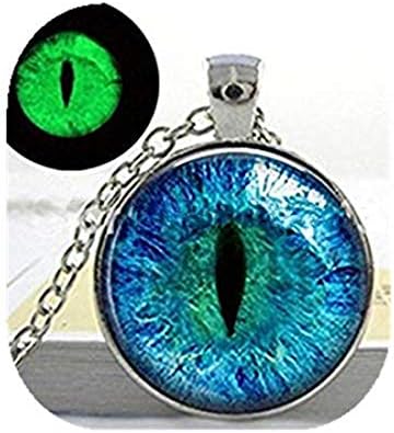 Blue Cats Eye Necklace Glowing Eye Pendant Silver luminous Picture Glowing Gifts for Women Glow in the DARK