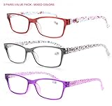 SOOLALA 3 Pairs of Patterned Ladies' Quality Spring Hinge Reading Glasses with Pouch