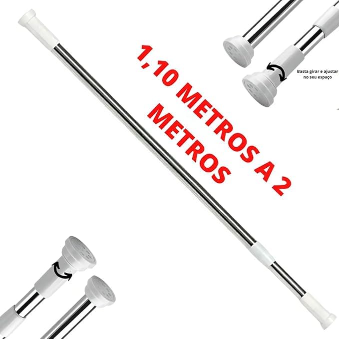 VARÃO EXTENSÍVEL PARA CORTINA E BOX – AJUSTÁVEL DE 1,10M A 2,00M, INSTALAÇÃO SEM FUROS, EM ALUMÍNIO COM PONTEIRAS