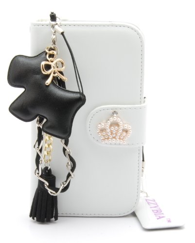 ZZYBIA® S4 HCD bla White Leatherette Stand Case Card Holder Wallet With Black Dog Fringed Dust Plug Charm for Samsung Galaxy S4 IV I9500 I9505