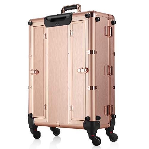 Ovonni LED Makeup Train Case, Lighted Rolling Travel Portable Cosmetic Organizer Box with Mirror & 4 Detachable Wheels, Professional Artist Trolley Studio Free Standing Workstation, Rose Gold
