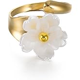 Dainty Flower Ring for Women Cherry Blossom Open Statement Rings Shell Chic Engagement Promise Wedding Ring Wrap Finger Band Stainless Steel Gold-Tone Plated Comfort Fit Jewelry Gift Xmas Birthday