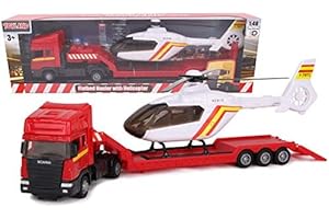Toyland® Scania Flatbed Hauler with Helicopter - 1:48 Scale - Free Wheel - Transport Vehicle Toys - Vehicle Collectables - Boys Toys (Red Truck/White Helicopter)