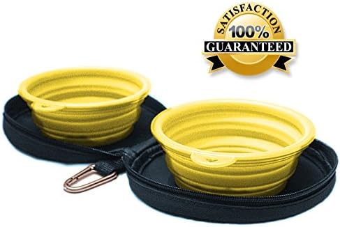 LIMITED SALE! Northern Outback Travel Pet Bowl Set - 2 Collapsible 2 CUP Silicone Bowls BONUS Carabiner - BEST DOG OR CAT BOWL - Camping Hiking - BPA FREE - Blue and Yellow