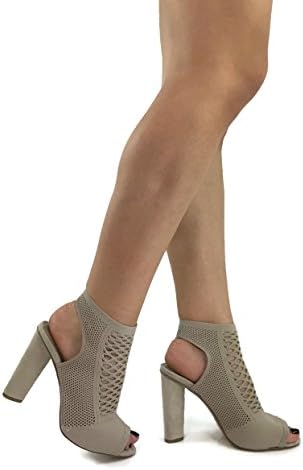 D Fashion Women's Stretch Sweater Ankle Bootie With Peep Toe Block High Heel, Grey Taupe, 7.5