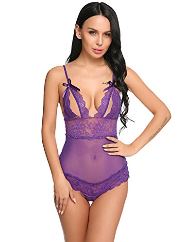 Avidlove Womens Sexy Peek-a-Boo Lingerie Mini Teddy Lace Babydoll Thong Bodysuit Purple XXL