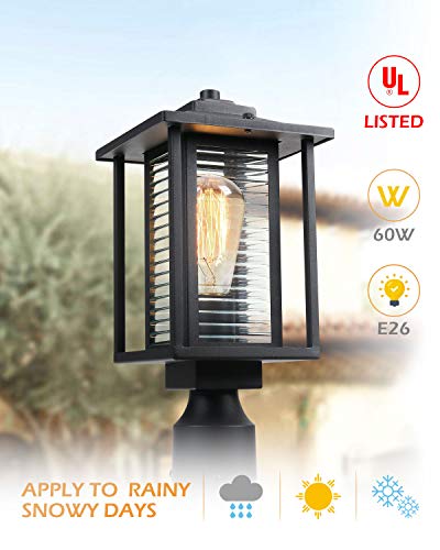 JAZAVA Outdoor Post Light Fixture One-Light, Exterior Post Lantern LED Street Light for Patio with 3-Inch Pier Mount Base, Black Finish with Ribbed Glass