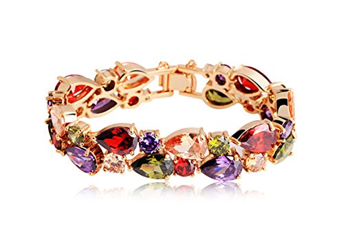 BISAER Rose Gold Plated Multicolor Cubic Zirconia Crystal Link Bracelet for Women Ladies 7.5Inches