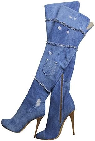 AIWEIYi Womens Denim Skin High Heel Knee High Boots Thigh High Boots