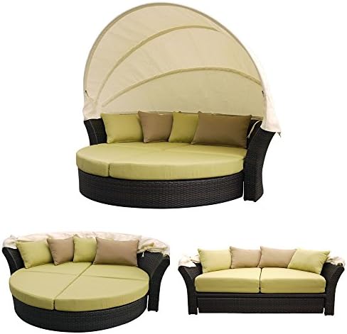 Martinique Outdoor Patio Canopy Bed with Hide-Away Footrest with Wicker Black and Fabric Light Green