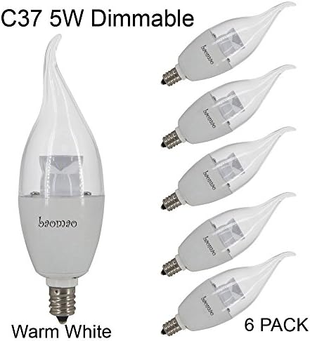 Baomao Dimmable Candelabra LED Bulbs, 40W Incandescent Bulbs Equivalent, 5W E12 LED Flame, UL Listed, Chandelier Bulbs, 400lm, 120° Beam Angle,Warm white, 2700K, LED Candle Bulbs, Pack of 6 Units