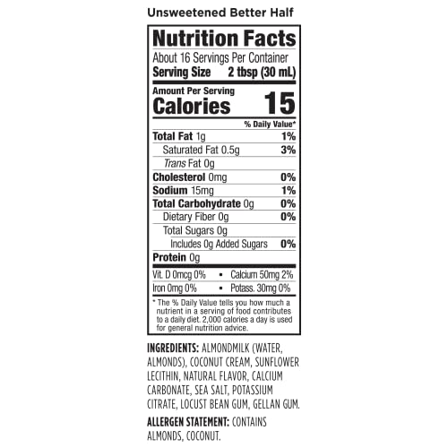Califia Farms Unsweetened Better Half, Half and Half Substitute, 16.9 Oz, Almond Milk, Coconut