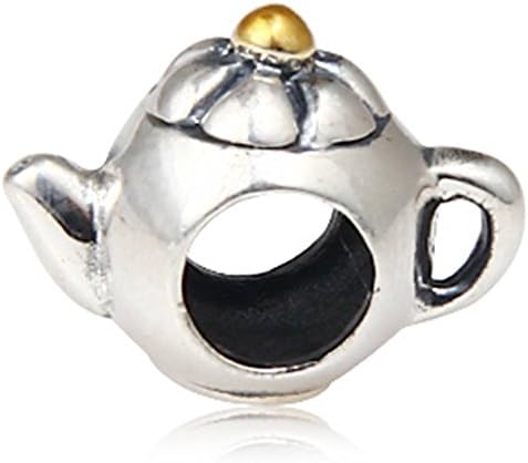 Choruslove Cute Teapot Charm 925 Sterling Silver with Gold Plated Dot Bead for European Snake Chian Bracelet