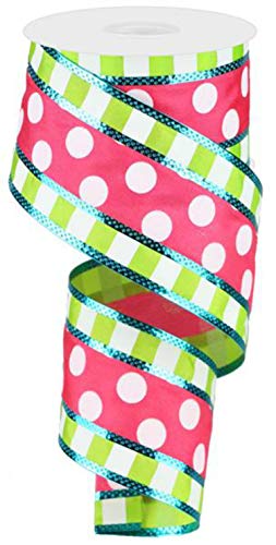 Polka Dots with Stripes Wired Edge Ribbon - 10 Yards (Hot Pink, White, Lime, Turquoise, 2.5