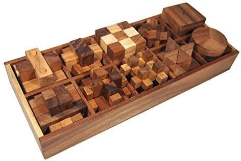 Handmade 10 of 3D Wood Puzzles Brain Teasers Game in Wooden Box Set - 3D Wooden Puzzles for Adults, By RATREE SHOP