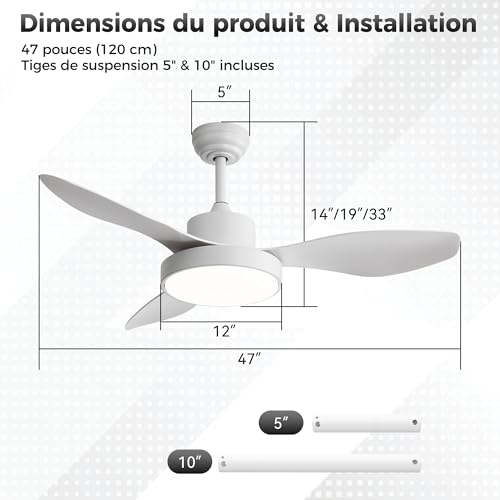 OZEANOS Ceiling Fan with Dimmable LED Light, Silent Ceiling Fan with Remote Control, 6 Speed, DC Motor, 3 Temperatures, Summer/Winter Function for Living Room and Bedroom (120cm)