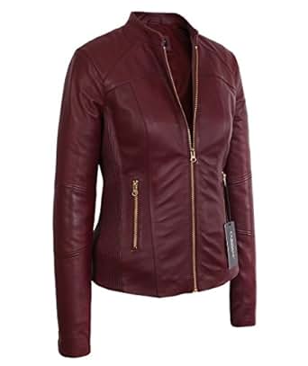 Womens Moto Burgundy Lambskin Real Leather Jacket at