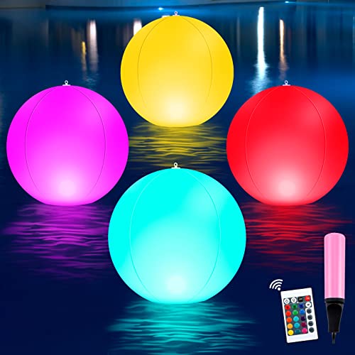 Photo 1 of Riakrum 4 Pcs 24 Inch Large Pool Solar Floating Lights 16 Color Changing LED Solar Balls LED Glow Globe Inflatable Waterproof Pool Ball Float or Hang for Garden Backyard Pond Wedding