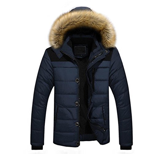 Men’s Winter Outdoor Down Zipper Thick Jacket Outwear Puffer Coats with Fax Fur Hoodie (XS, Blue)