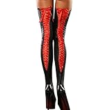 DMZing Sexy Club Women Comfortable Thigh-high Stockings Leather Lace Bow Long Socks (Red)
