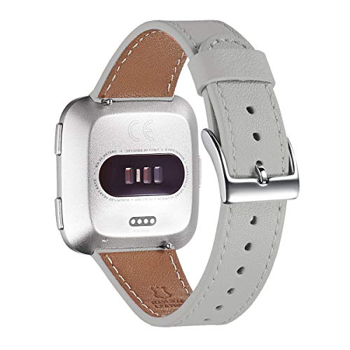 WFEAGL Leather Band for Fitbit Versa - Top Grain Leather Replacement Strap - Light Gray & Silver Buckle