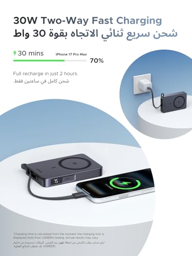 UGREEN Magsafe Power Bank Qi2 25W,10000mAh Wireless Portable Charger Built-in 30W USB-C Cable, Magnetic Charging for iPhone 17/16/15, Compatible with iPhone, AirPods, Xiaomi, Samsung, MagFlow Series
