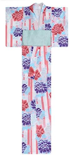 KimonoMode24 Women's Japanese Yukata And Obi Set/ Pink and blue flower pattern Free Size Pink White