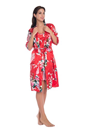 Joy Bridalc Women's Kimono Robe Gorgeous Loungewear 2PC Set Sleepwear Camisole & Robe, red L