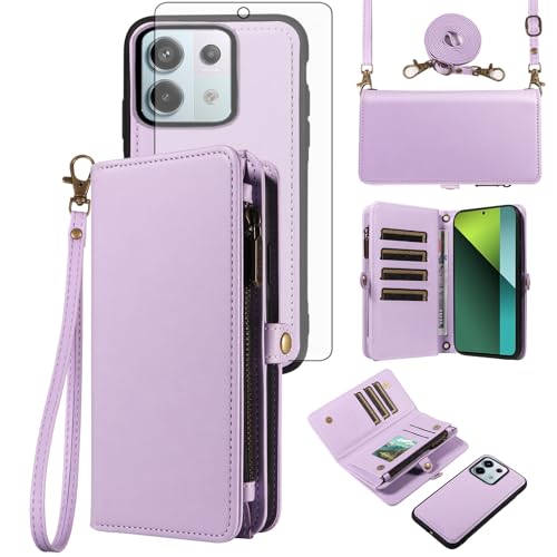Asuwish Phone Case for Xiaomi Redmi Note 13 Pro 5G/Poco X6 Zipper Wallet Detachable Cell Cover with Tempered Glass Screen Protector Crossbody Lanyard Strap Flip Card Holder Slot 13Pro 6X Purple