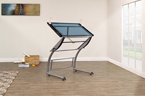 Studio Designs Triflex Drawing Table, Sit to Stand Up Adjustable Desk, Silver/Blue Glass