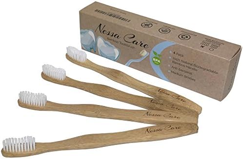 Natural Bamboo Toothbrush Adults Medium Bristles Multi-pack of 4. Perfect for Health Brushing and White Smiling, Eco and Environmentally Safe 100% Biodegradable