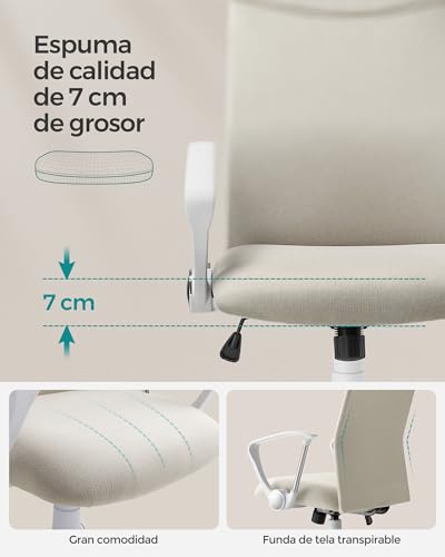 SONGMICS Silla de Oficina Ergonómica, Altura Ajustable, 120 kg | Asiento Giratorio Acolchado y Reclinable, Beige Capuchino, OBN034K01