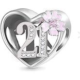 21 21st Birthday Camellia Flower Love Heart Bead Pendant 925 Sterling Silver Dangle Compatible With Pandora Moments Charm Bracelet