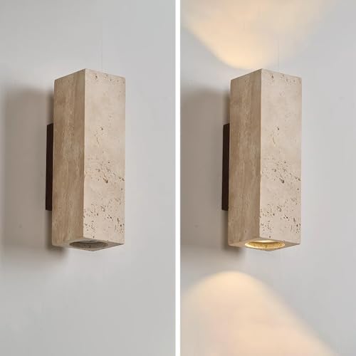 Lampara de Pared de Travertino Amarillo Natural, Estilo Japonés Wabi Sabi, Lamparas de Pared Interior de Diseño Minimalista, lampara de muro para Pasillo, Recámara o Baño, 3000K