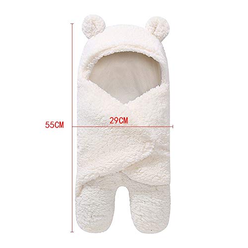 Baby Receiving Blanket, Hooded Cotton Plush Swaddle Blanket, Newborn Cute Sleeping Bag Sack Unisex Stroller Wrap for Baby Boys and Girls (White)