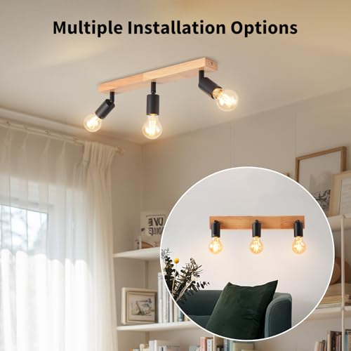 LVWIT LED Spotlights Indoor Wooden Ceiling, Ceiling Lamps with 3 Bases, Ceiling Spotlights with E27, Adjustable Black Ceiling Lamp, Indoor LED Spotlight for Living Room, Bedroom, Kitchen, Hallway (without Bulb)