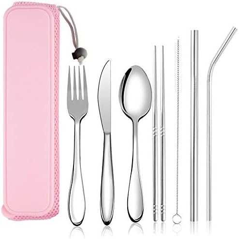 Portable Utensils, Reusable Flatware set with Case, Durable Travel Camping Cutlery Set, 8-Piece including Knife Fork Spoon Chopsticks Cleaning Brush Straws, Stainless Steel (Pink)