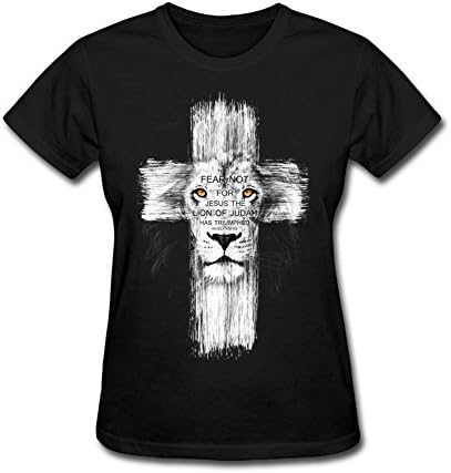 Women Lion Christian Cross T-Shirts Crew Neck 100% Cotton Black M