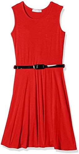oppicong Girls Skater Dress Kids Party Dresses Belted New Age 7 8 9 10 11 12 13 Years Red11-12 Years