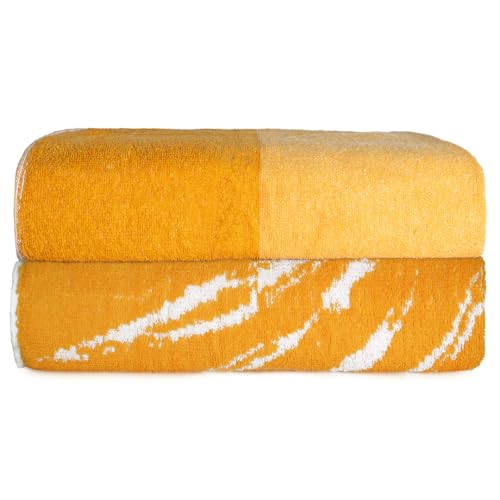 SweetNeedle Topical Palm Beach Towels for Adults, Pack of 2, Golden and Bright Yellow, 100% Ring-Spun Cotton Towel, Quick Dry, Low Fluff, Super