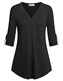 Womans Tops, Nandashe V Neck 3/4 Cuffed Sleeve Button Down Sport Shirts Black L