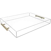 Isaac Jacobs Clear Acrylic Serving Tray (14x18) with Gold Metal Handles, Spill-Proof, Stackable Organizer, Food & Drinks Server, Indoors/Outdoors, Lucite Storage Décor (14x18, Clear with Gold Handle)