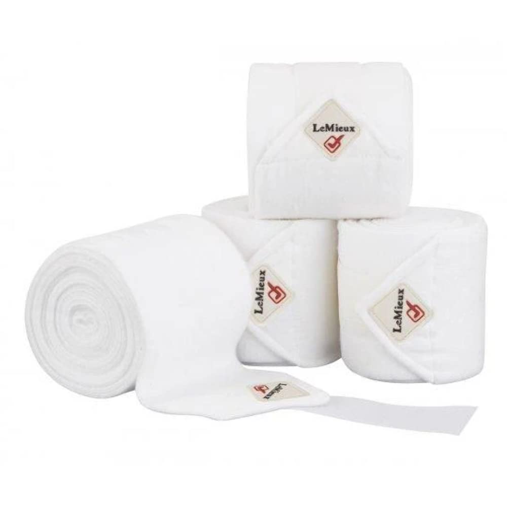 LeMieux Classic Polo Full Exercise Bandages in White with Zipped Case - Soft Fleece Protection Wraps - 3.8 m Long - Pack of 4