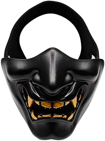 JYKOO Halloween Costume Cosplay - Cs Game Camouflage Mask - BB Evil Demon Monk Kabuki Samurai Hanya Oni Half Cover Mask,Two Sizes: Head Circumference (M: 57-59Cm, L: 60-62Cm),Gold,M