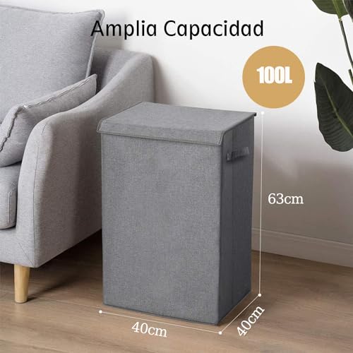 Cesto para la Colada, Cesto para Ropa Sucia 100L con Capacidad Extra Grande, Cesto para Ropa Sucia Plegable, Revestimiento de Impermeabilización de Terileno Canasta de Lavandería(gris)
