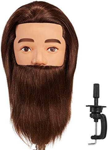 Hairginkgo 100% Human Hair Male Mannequin Head with Beard, cosmetology Mannequin Training Head (brown)