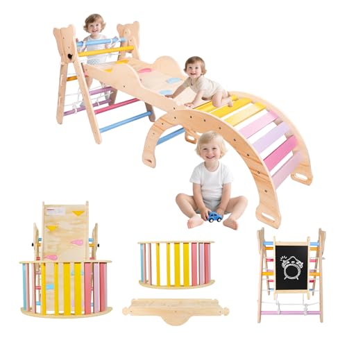 XYUYTOEI Montessori Wooden Climbing Toys for Toddlers with Slide,Art Blackboard,Balance Board.Safe Indoor Rainbow Pikler Triangle Set for 1-6 Year Olds,Assemble Freely to Unlock Various Ways to Play