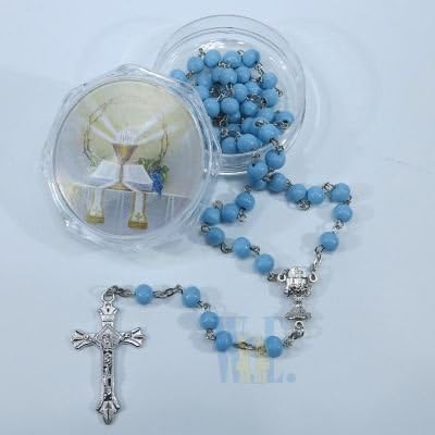 Men or Womens Catholic Religious First Communion Scented Rosary Blue. This Lovely Rosary Comes Scented with the Sweet Smell of Roses. Double Sided Frist Communion Image Centerpiece. Each Scented Rosary Comes with Its Own Matching Gift Box. Wood 6mm Bead 19" L.